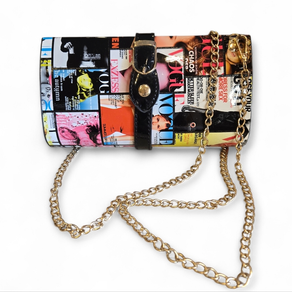 Vogue Magazine Printed Collage Detachable Chain Strap Handbag/ Clutch